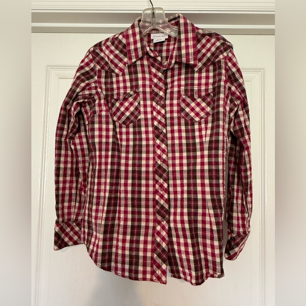 Ariat Women’s Fuchia and Brown Plaid Button Down Shirt